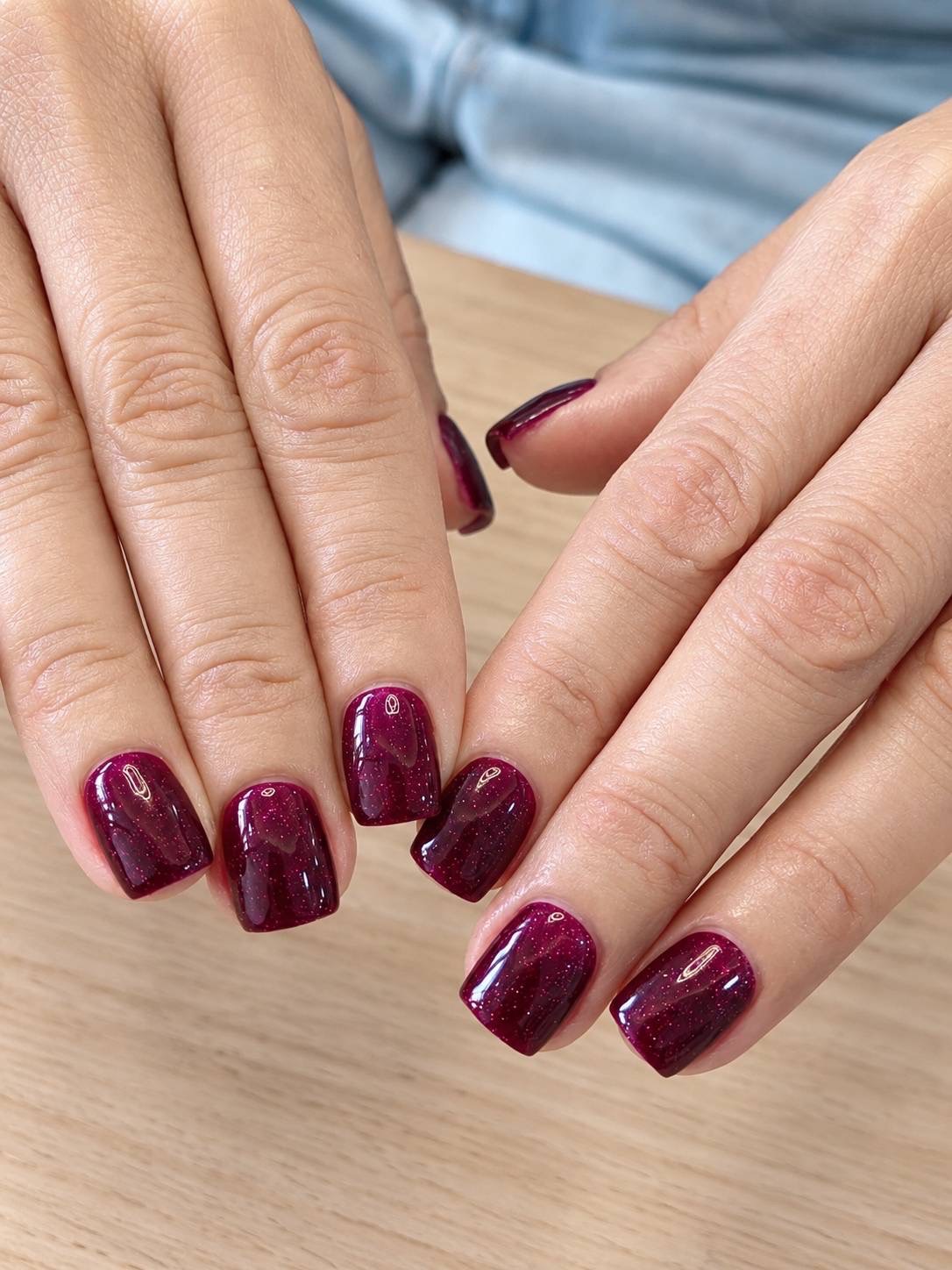 Glossy burgundy square nails with a fine shimmering finish