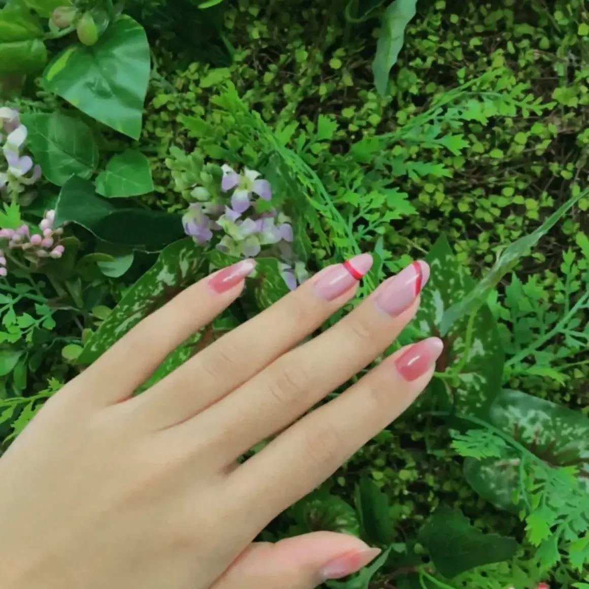 Pink manicure photographed against greenery