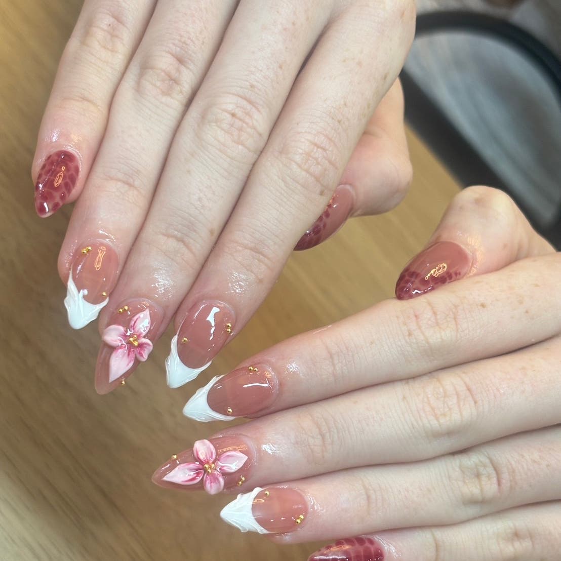 Pink and white floral nail art