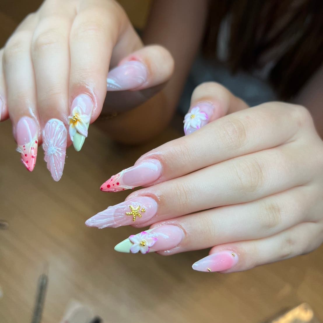 Pastel floral and star nail art