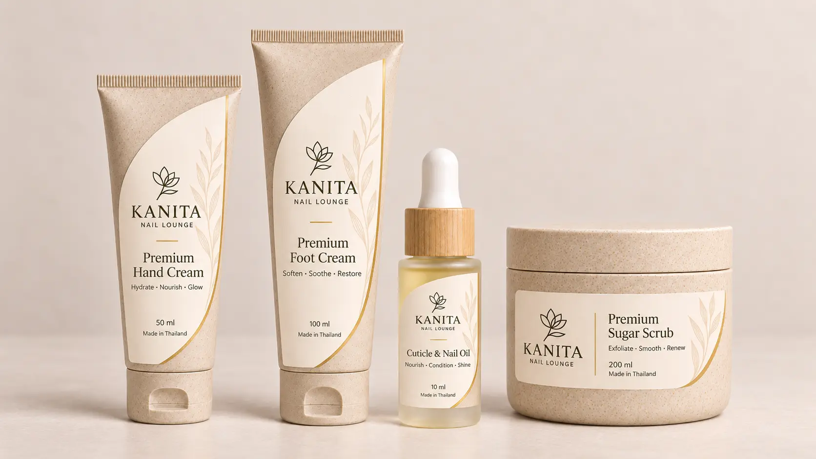 The Kanita Nail Lounge home-care collection: Premium Hand Cream, Premium Foot Cream, Nourishing Cuticle and Nail Oil, and Premium Sugar Scrub