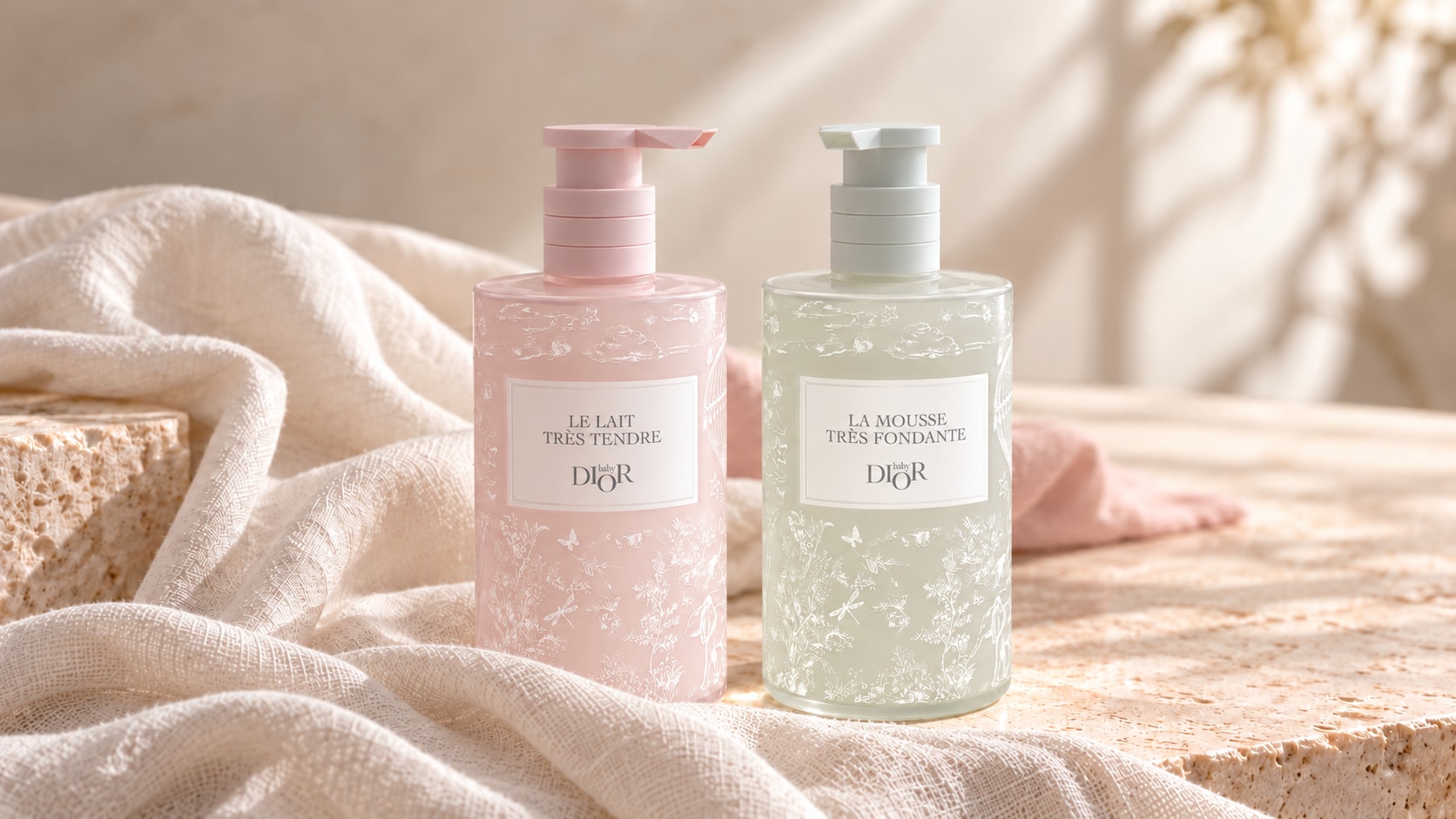 Baby Dior Le Lait Très Tendre and La Mousse Très Fondante spa products arranged on ivory linen