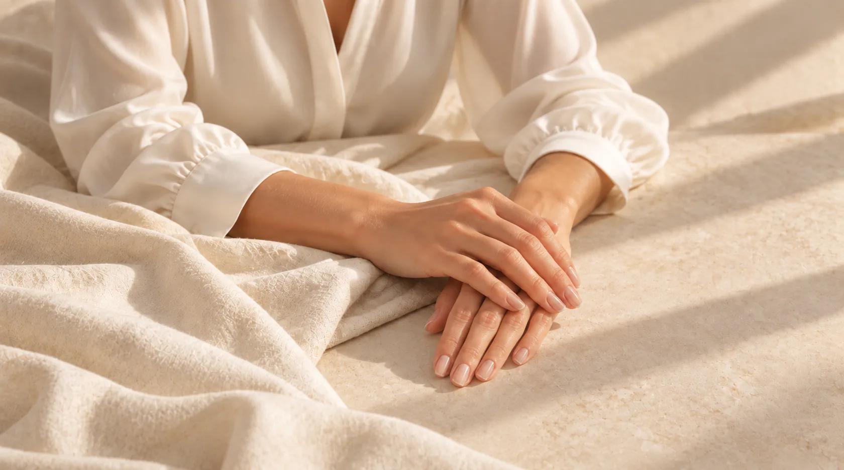Neatly groomed hands with natural nails resting on cream fabric in warm light