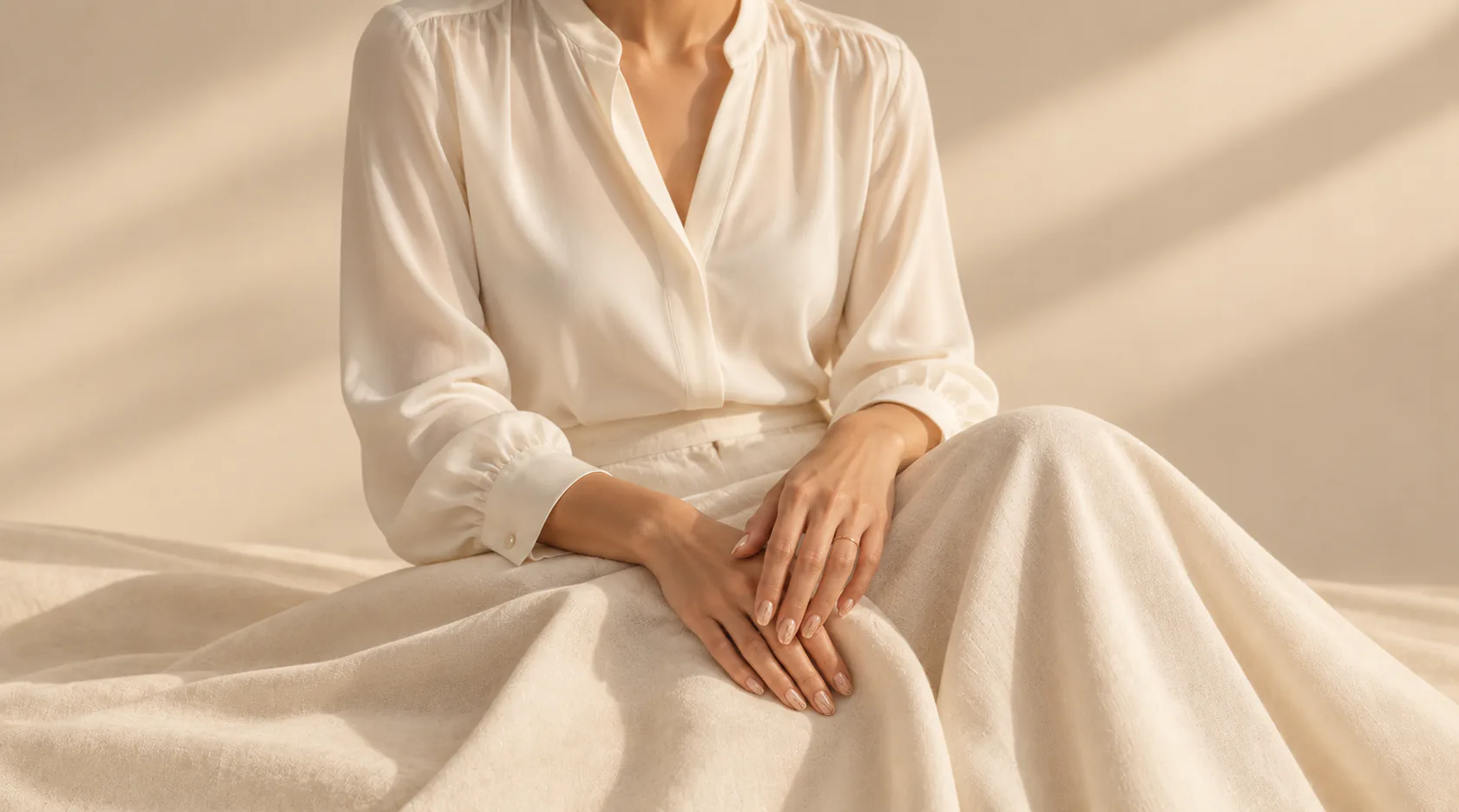 Editorial image of manicured hands resting on cream fabric, framed with forearms and an ivory blouse
